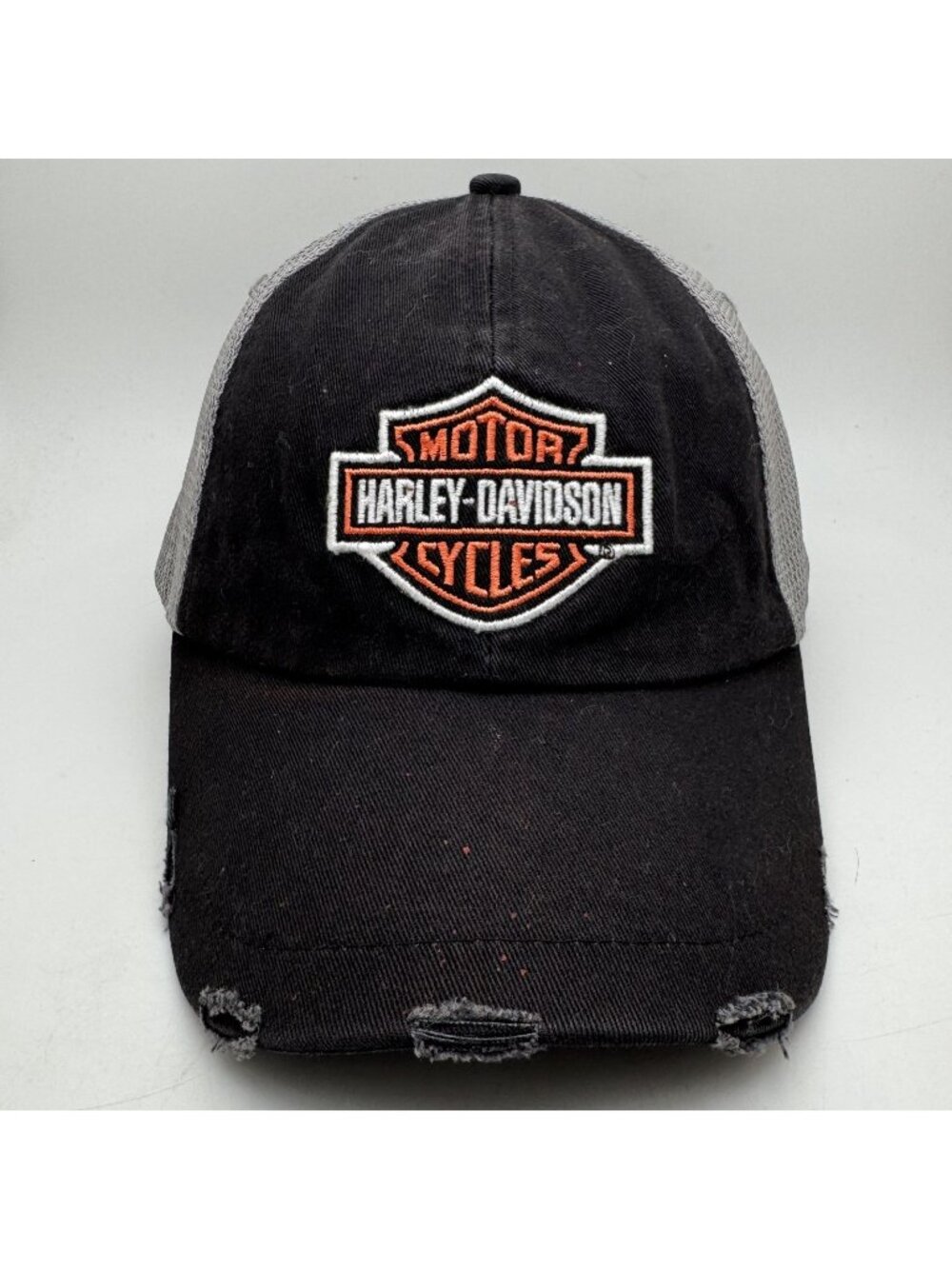 Harley-Davidson Hat Cap Black Gray Mesh Snapback Bar & Shield Distressed